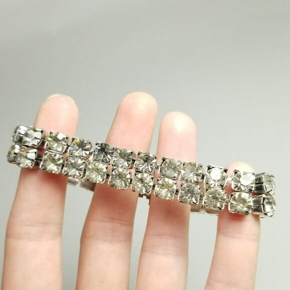 Vintage Rhinestone Two Row Bangle Bracelet, Silver Tone Prong Set, Retro Estate - Picture 1 of 6